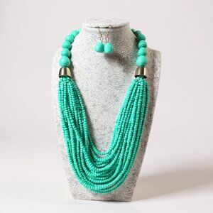 Multi Layer Blue Turquoise Glass Bead Facted Lucite Bead Chunky Necklcae Set